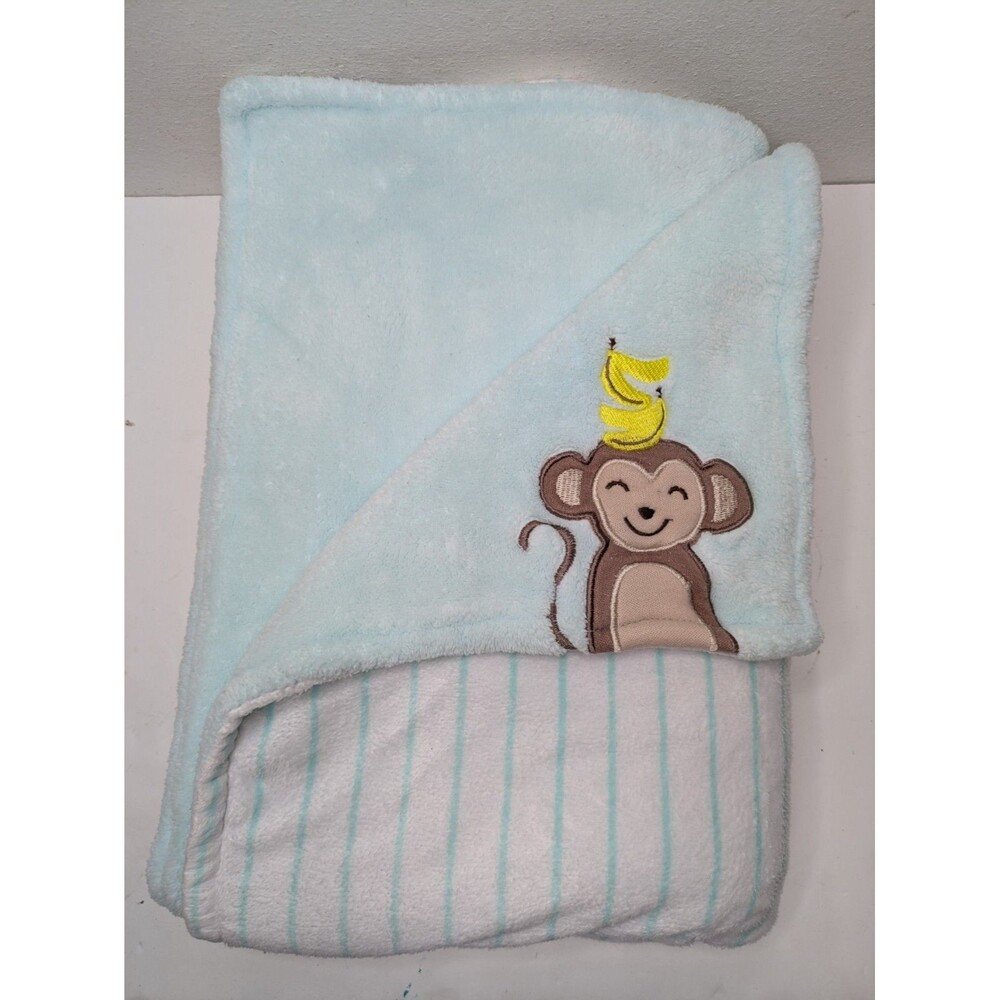 Carters Monkey Banana Baby Blanket Aqua Blue Green Turquoise White Striped Plush